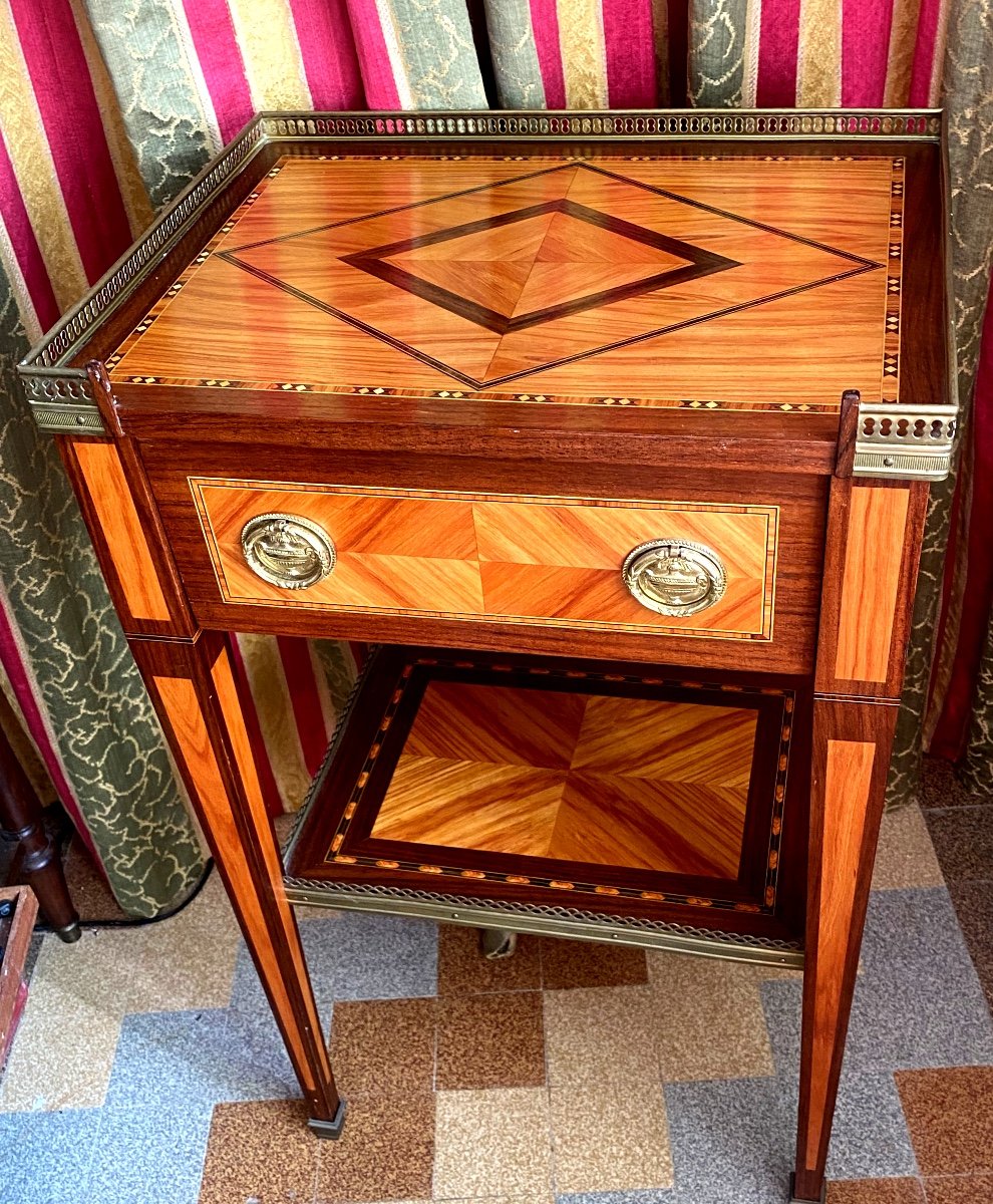 Signed A.bel Inlaid Living Room Table On All Sides With Galleries, A Louis XVI Style Drawer. 