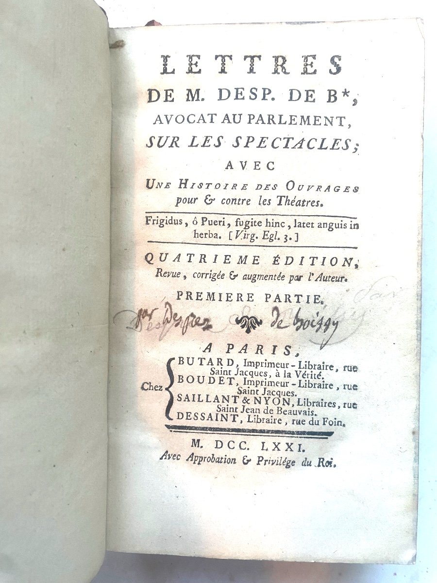 Beau Volume En Deux Tomes: "lettres De M. Desprez De Boissy Sur Les Spectacles" . Paris . 1771.-photo-3