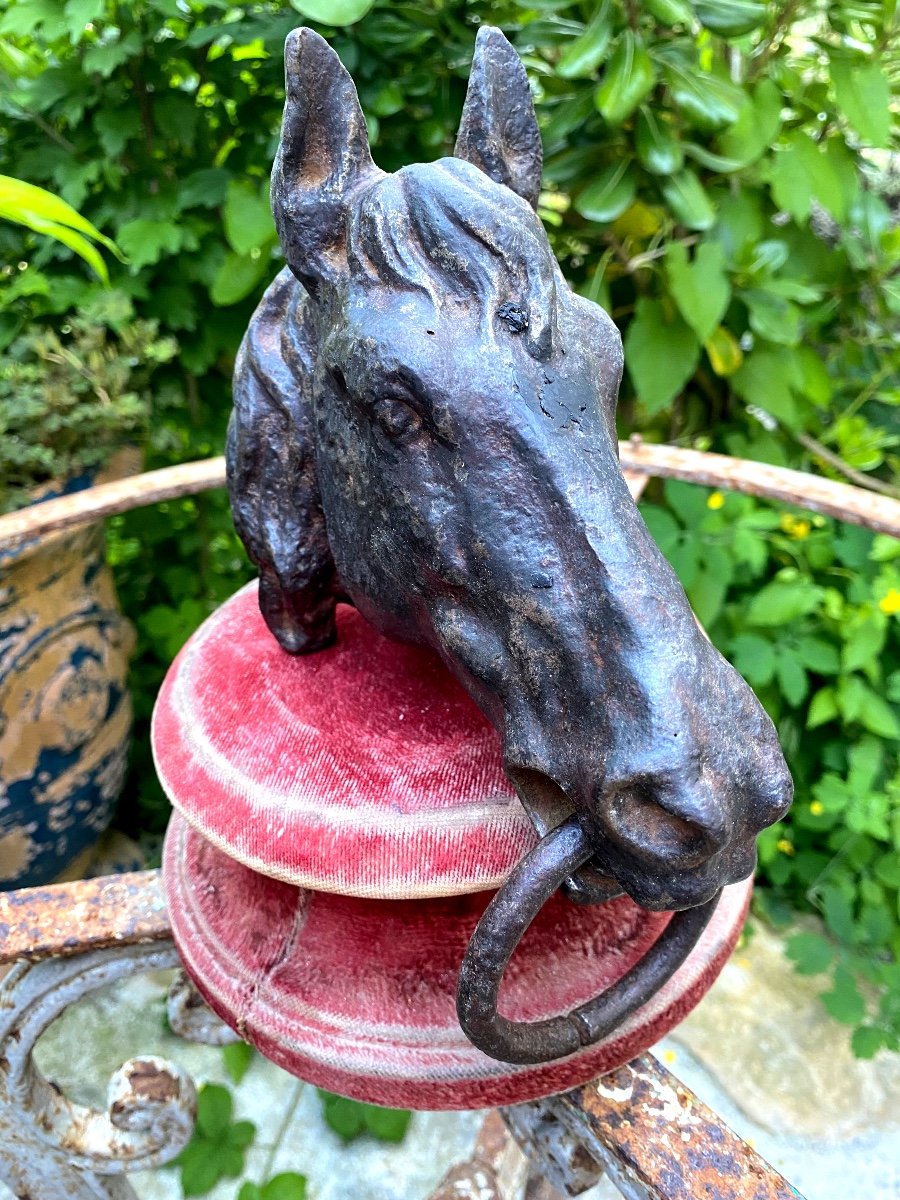 Horse Head In Patinated Cast Iron: 19th Century Stud Ring Of Beautiful Size And Expression-photo-2