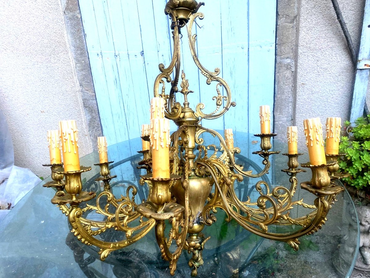  Beautiful Decorative Large Louis XV Style Chandelier From The 19th Century Bronze Twelve Lights Electrified New 