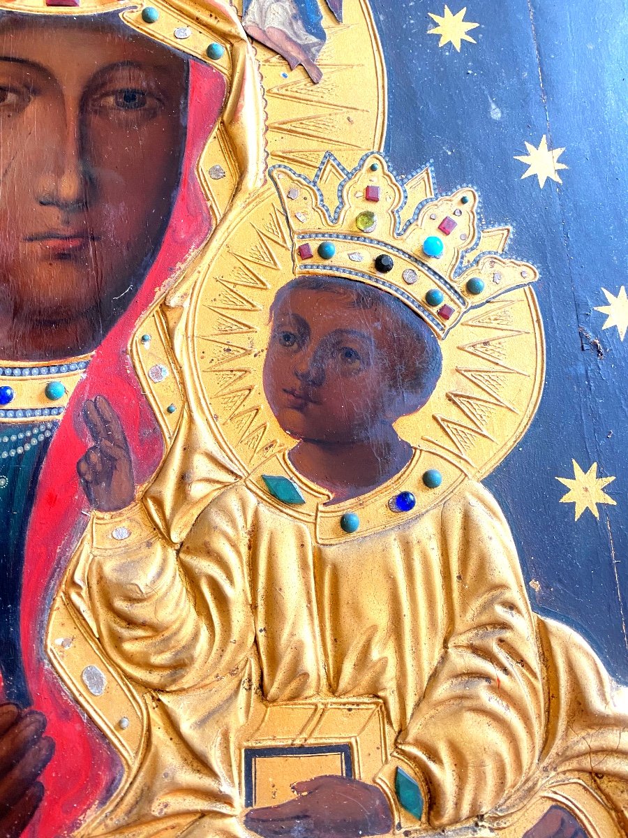 Superbe Grande Icône Orthodoxe Représentant La Vierge Et Le Christ Couronnés En Habits d'Or 19è-photo-4