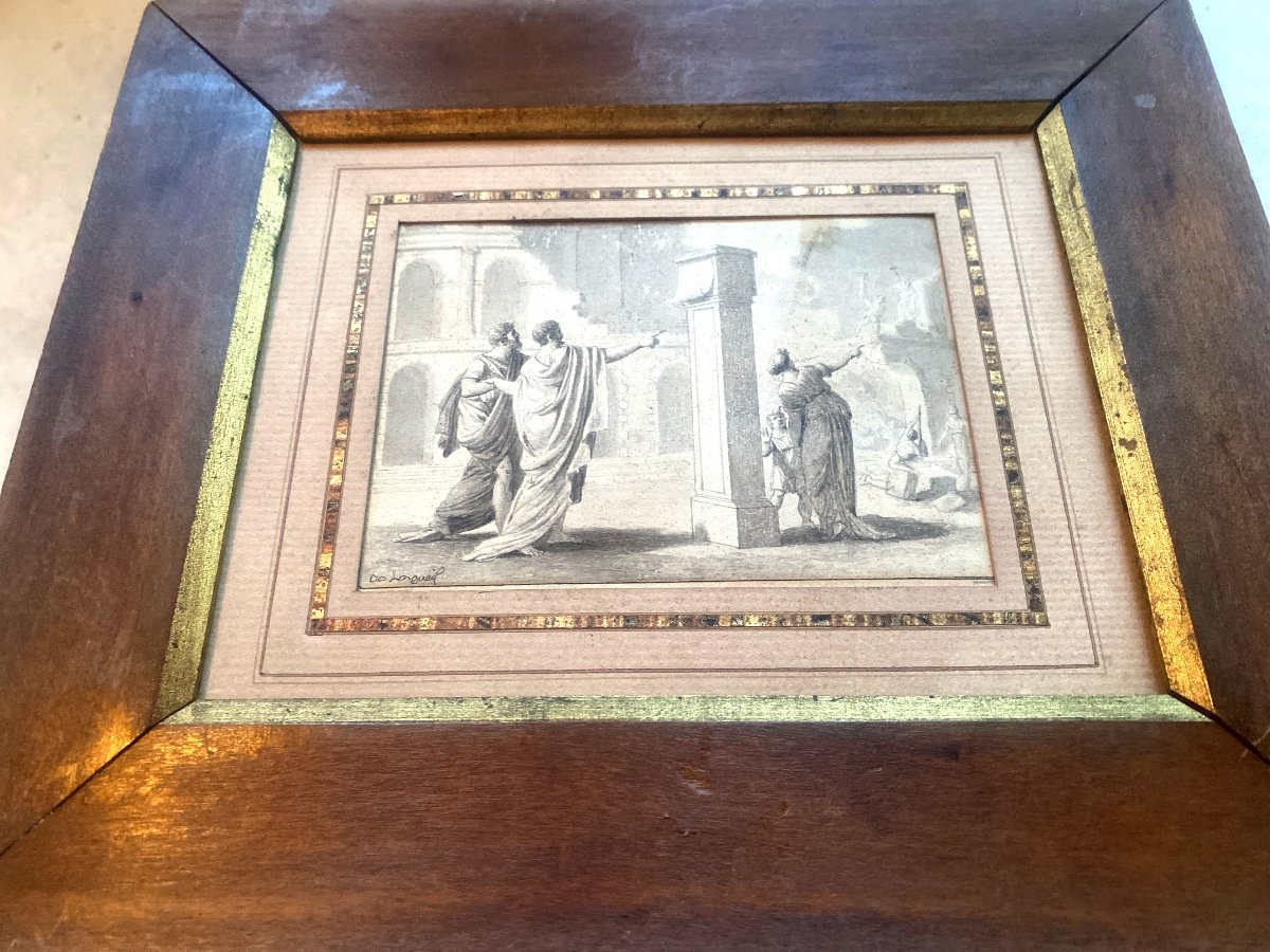 Beautiful Wash, 18th Century Representing An Antique Scene By De Longueil, Designating A Construction -photo-2