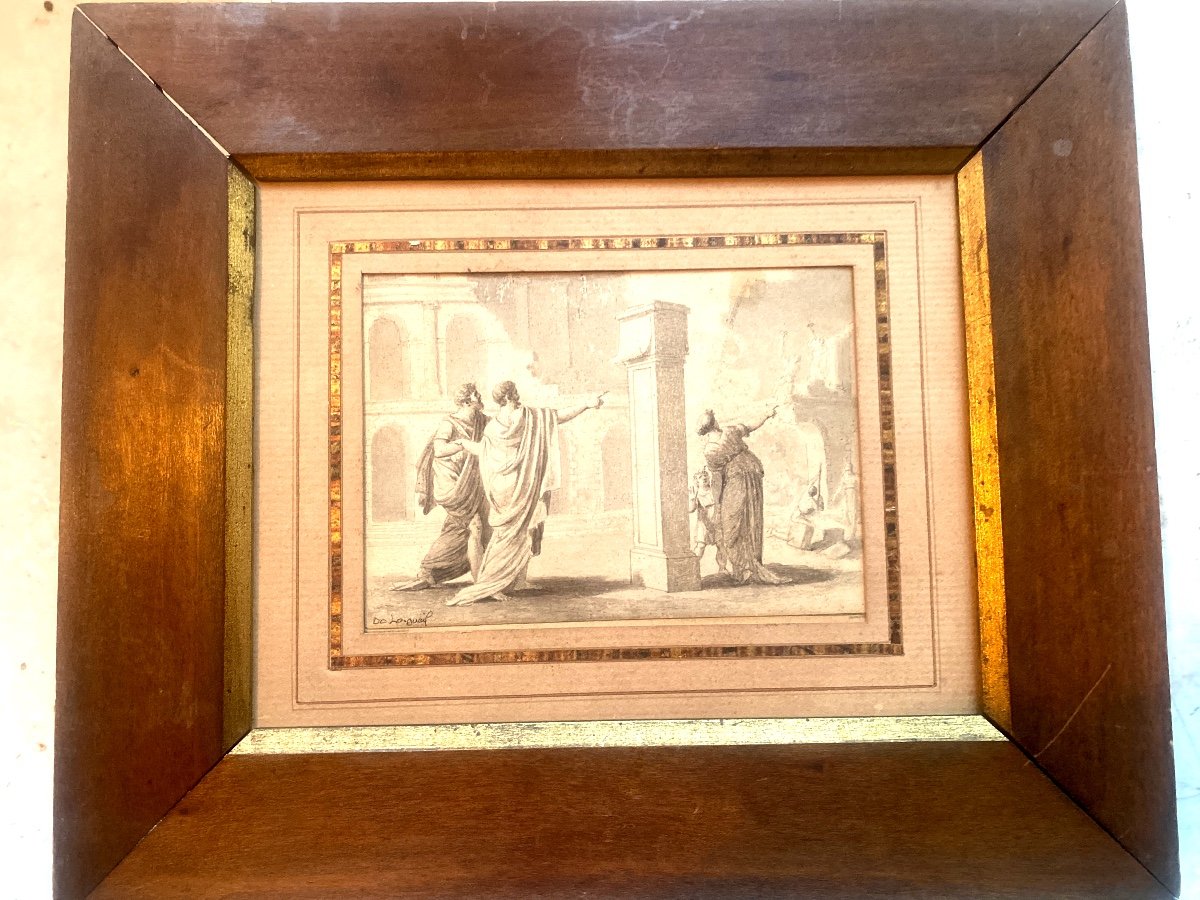 Beautiful Wash, 18th Century Representing An Antique Scene By De Longueil, Designating A Construction 