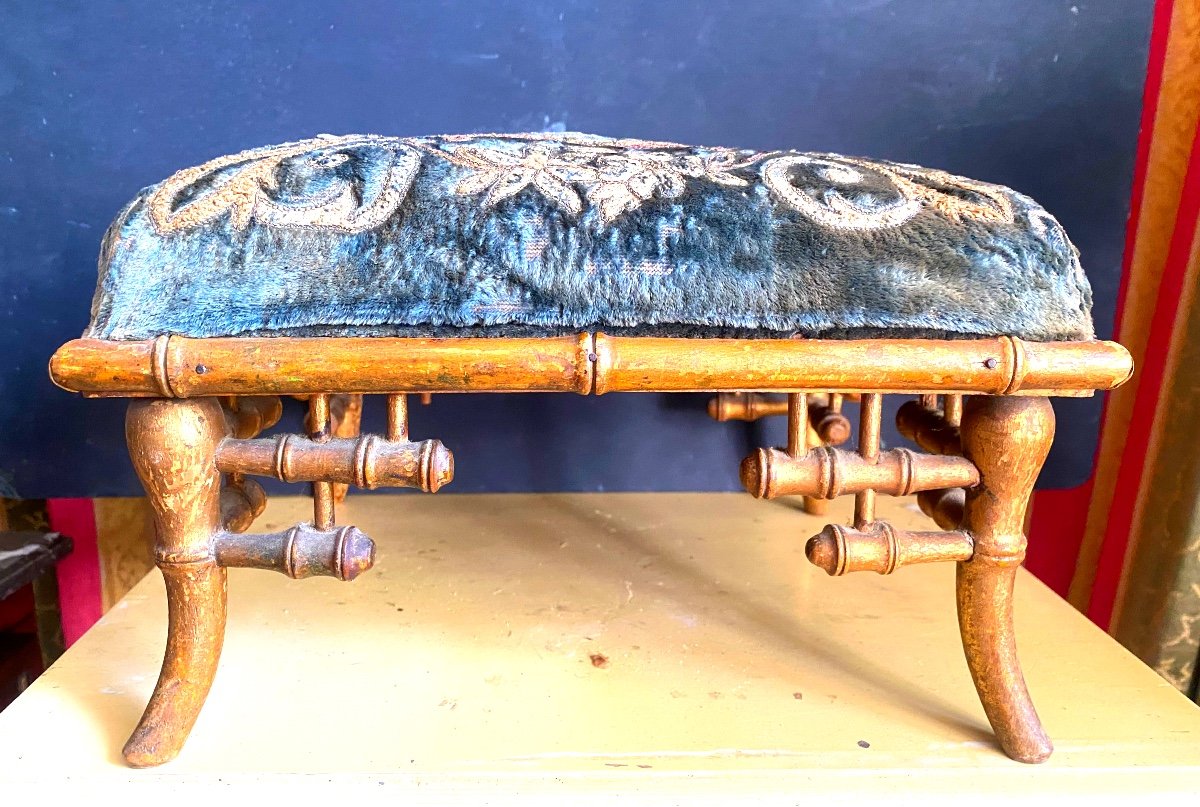 Beautiful Napoleon III Foot Stool, "golden Bamboo" Covered With Precious Embroidered Silk Velvet-photo-4