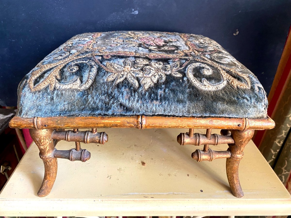 Beautiful Napoleon III Foot Stool, "golden Bamboo" Covered With Precious Embroidered Silk Velvet