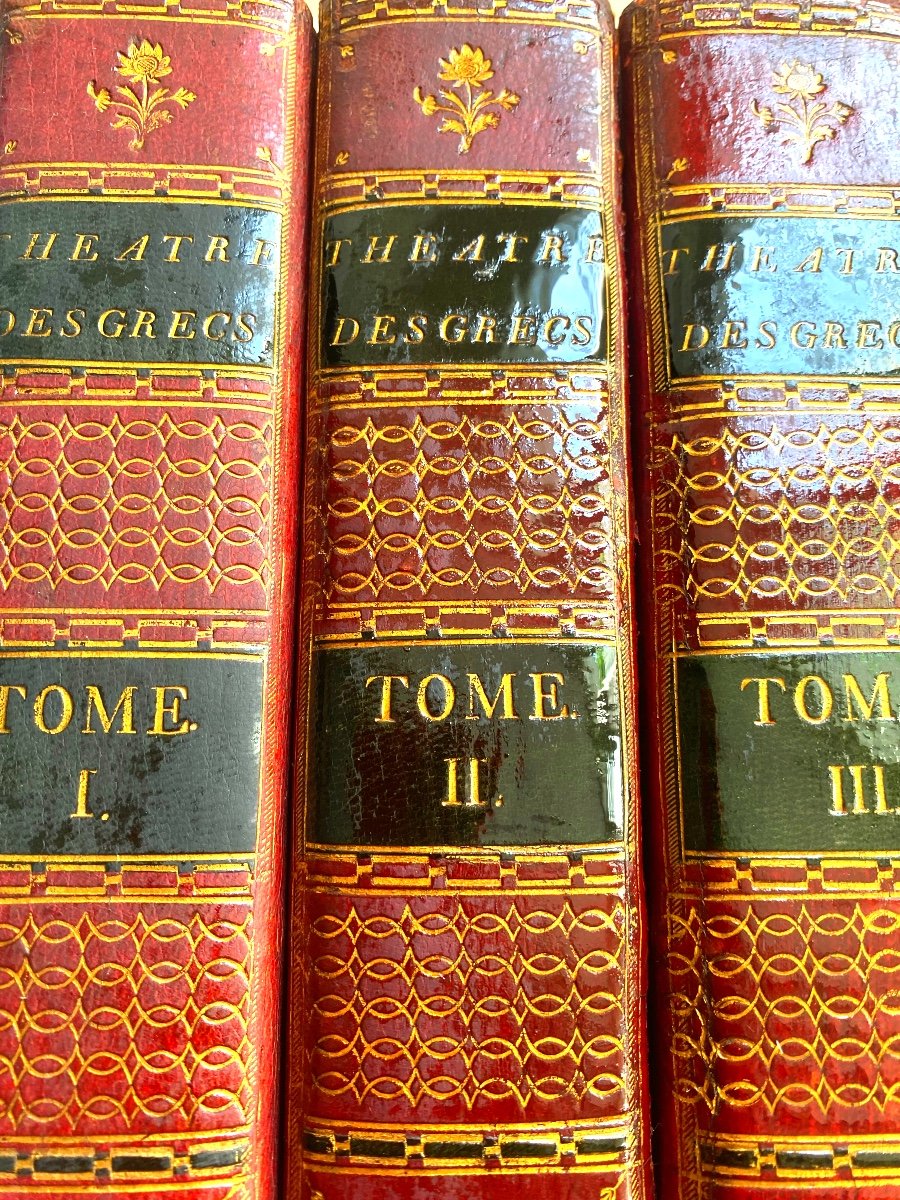 Rare 13 Vol. In 8 Bound In Red Moroccan Green Mosaic "théâtre Des Grecs" By P. Brumoy-photo-2