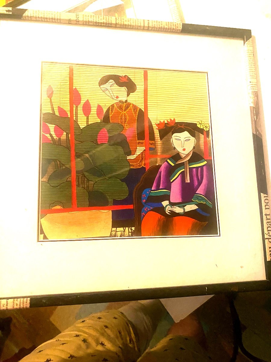 Three Enigmatic Gouaches Of Women In The Japanese Taste, Well Framed From The 60s-photo-2