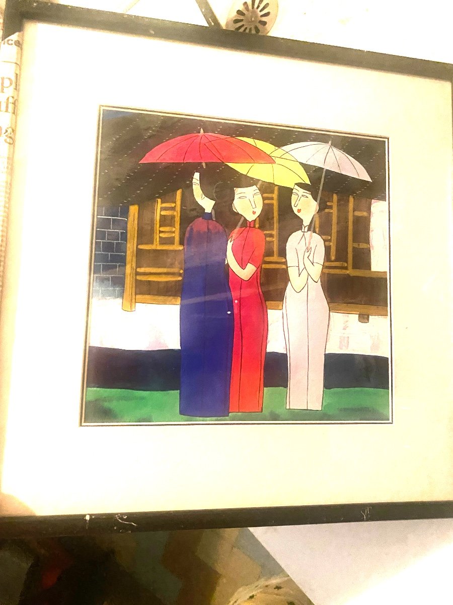 Three Enigmatic Gouaches Of Women In The Japanese Taste, Well Framed From The 60s-photo-3