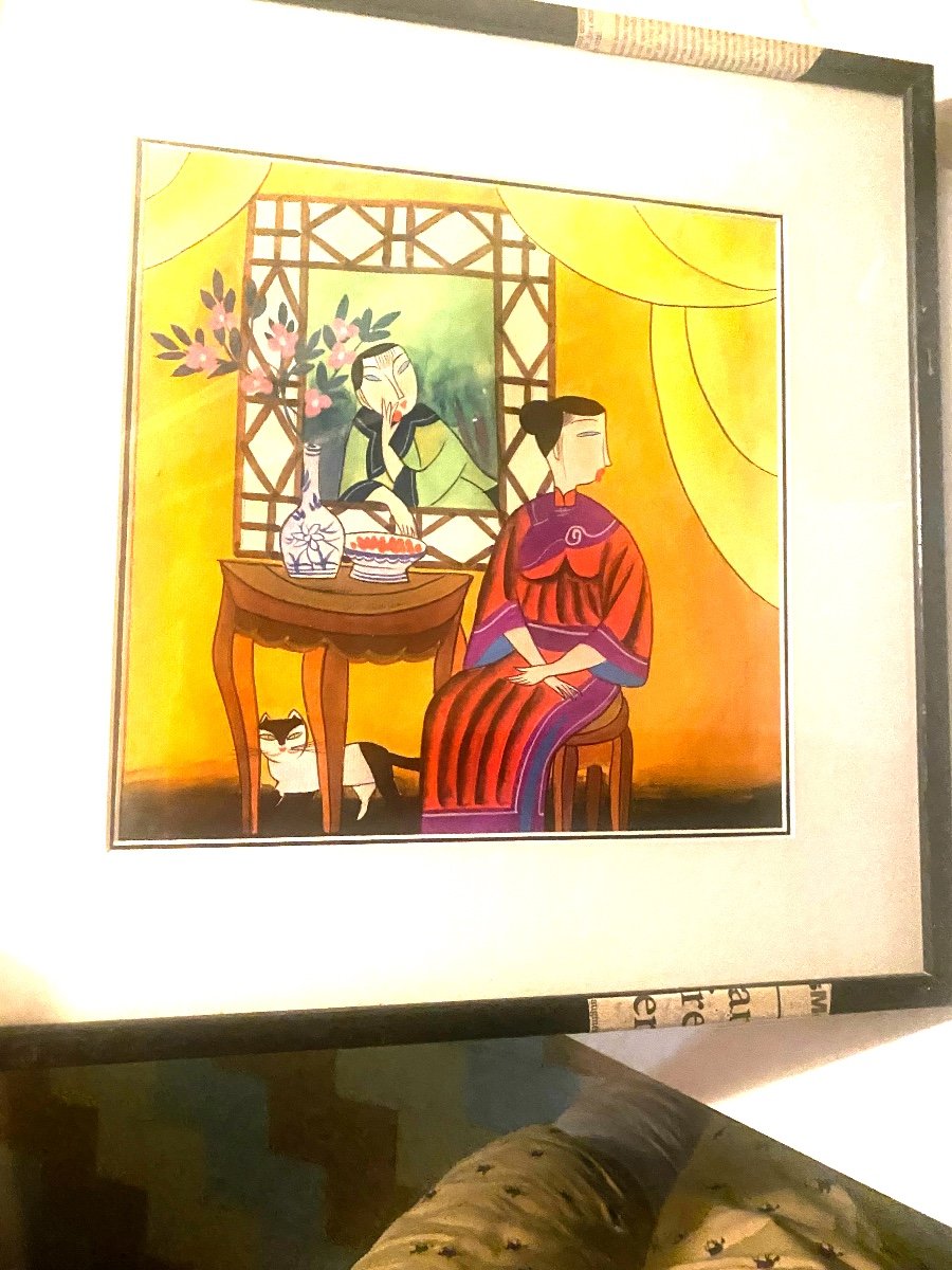 Three Enigmatic Gouaches Of Women In The Japanese Taste, Well Framed From The 60s-photo-4