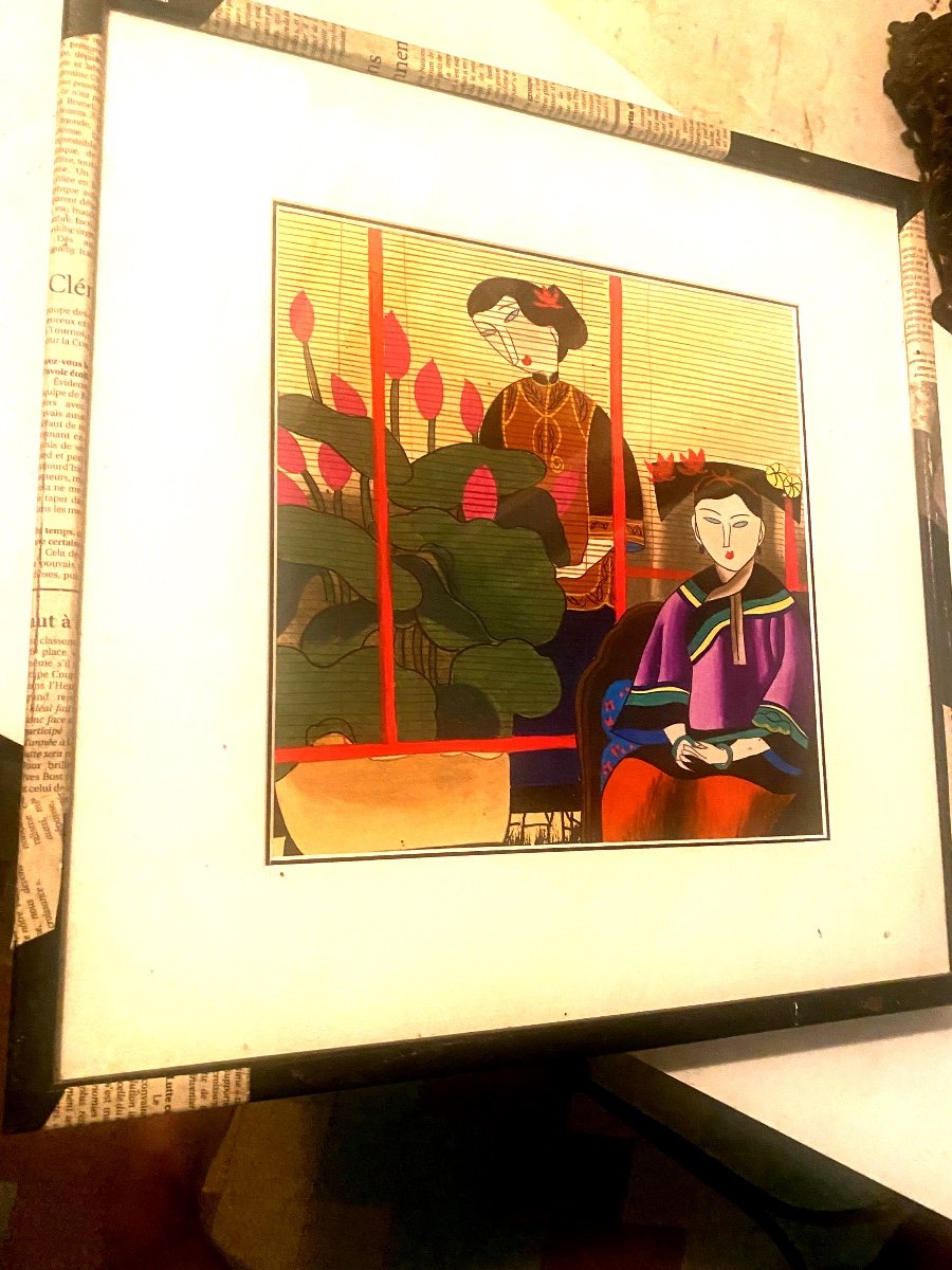 Three Enigmatic Gouaches Of Women In The Japanese Taste, Well Framed From The 60s-photo-1