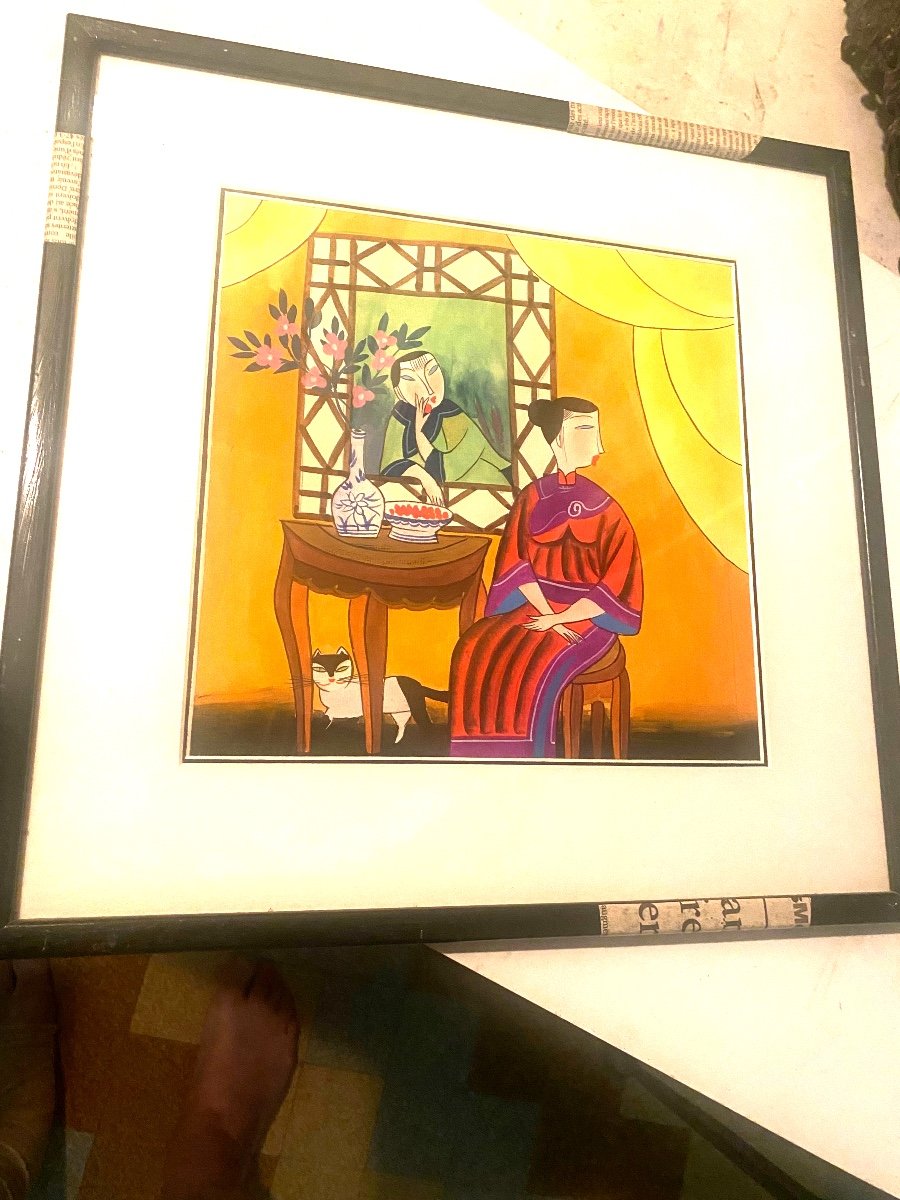 Three Enigmatic Gouaches Of Women In The Japanese Taste, Well Framed From The 60s-photo-3