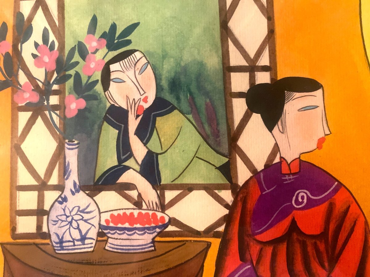 Three Enigmatic Gouaches Of Women In The Japanese Taste, Well Framed From The 60s-photo-7