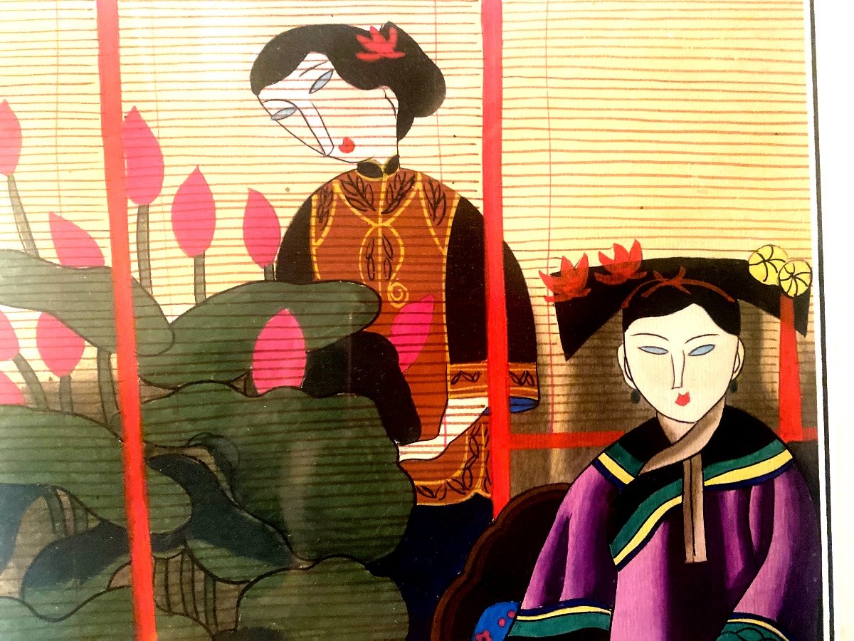 Three Enigmatic Gouaches Of Women In The Japanese Taste, Well Framed From The 60s-photo-8