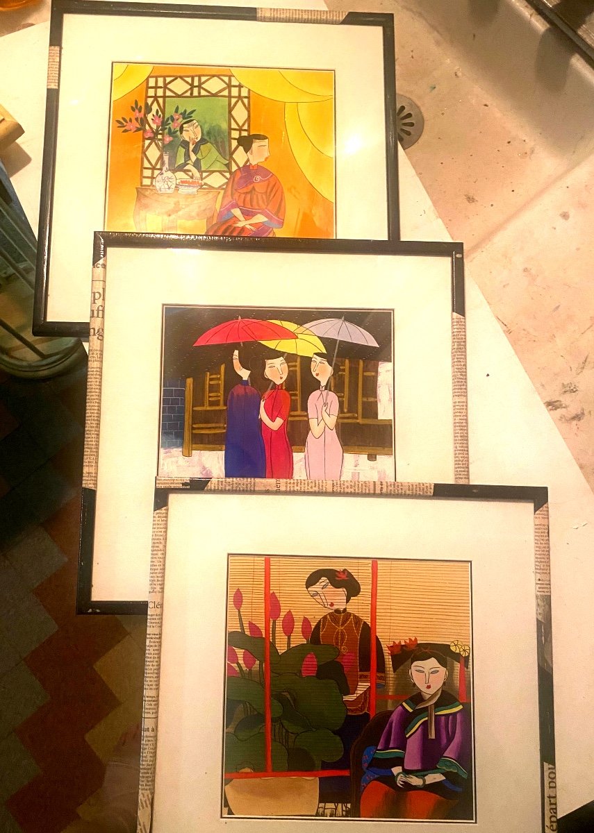 Three Enigmatic Gouaches Of Women In The Japanese Taste, Well Framed From The 60s