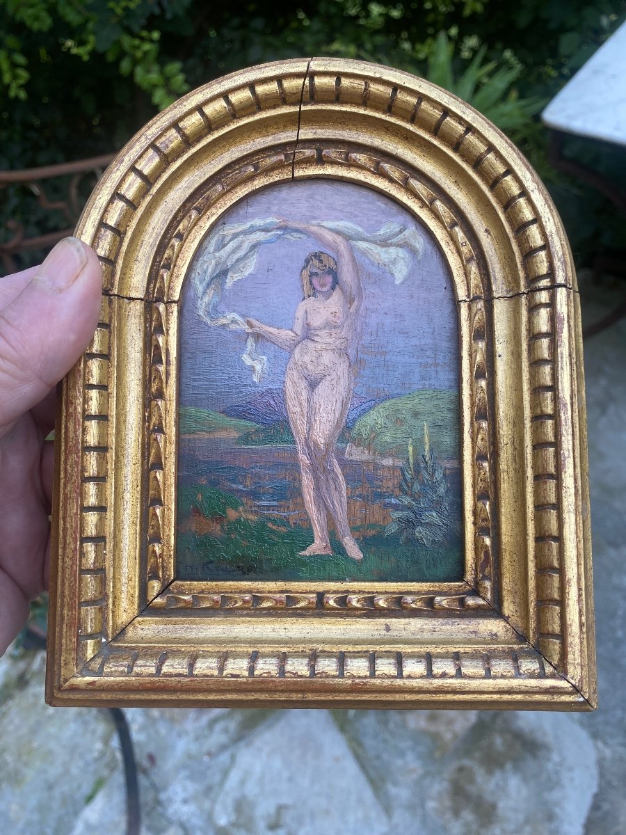 Naked Woman With Drape Coming Out Of Bath Oil On Wood From The 1930s Golden Wood Frame In Arcature-photo-3