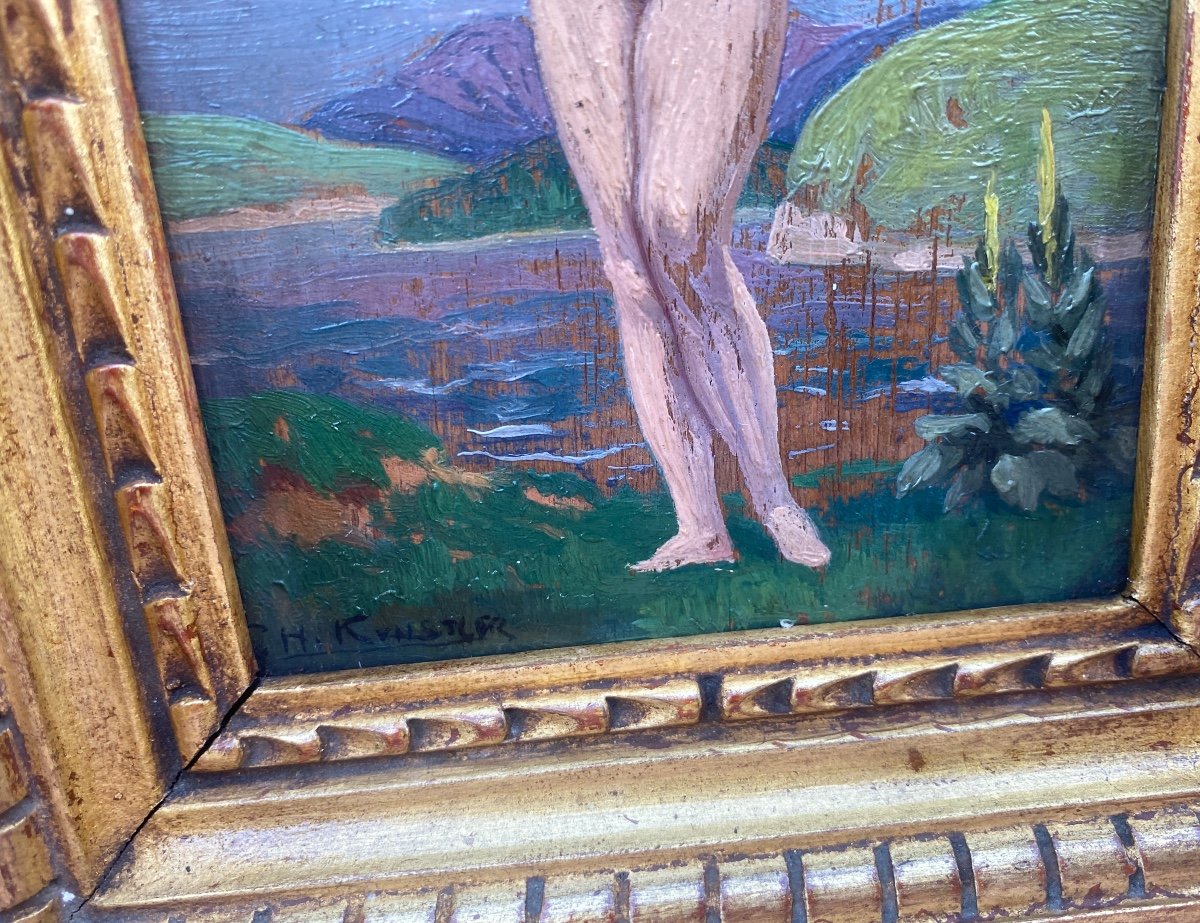 Naked Woman With Drape Coming Out Of Bath Oil On Wood From The 1930s Golden Wood Frame In Arcature-photo-4