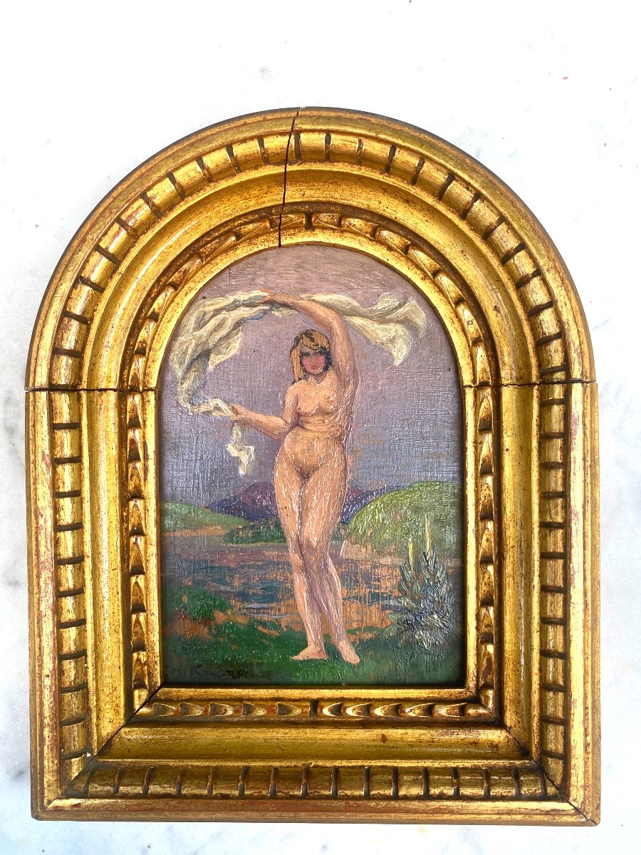 Naked Woman With Drape Coming Out Of Bath Oil On Wood From The 1930s Golden Wood Frame In Arcature