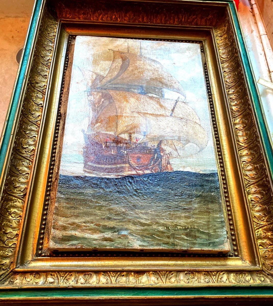 6x7 Marine Painting On Framed Stretcher Representing A Warship In Close-up-photo-4