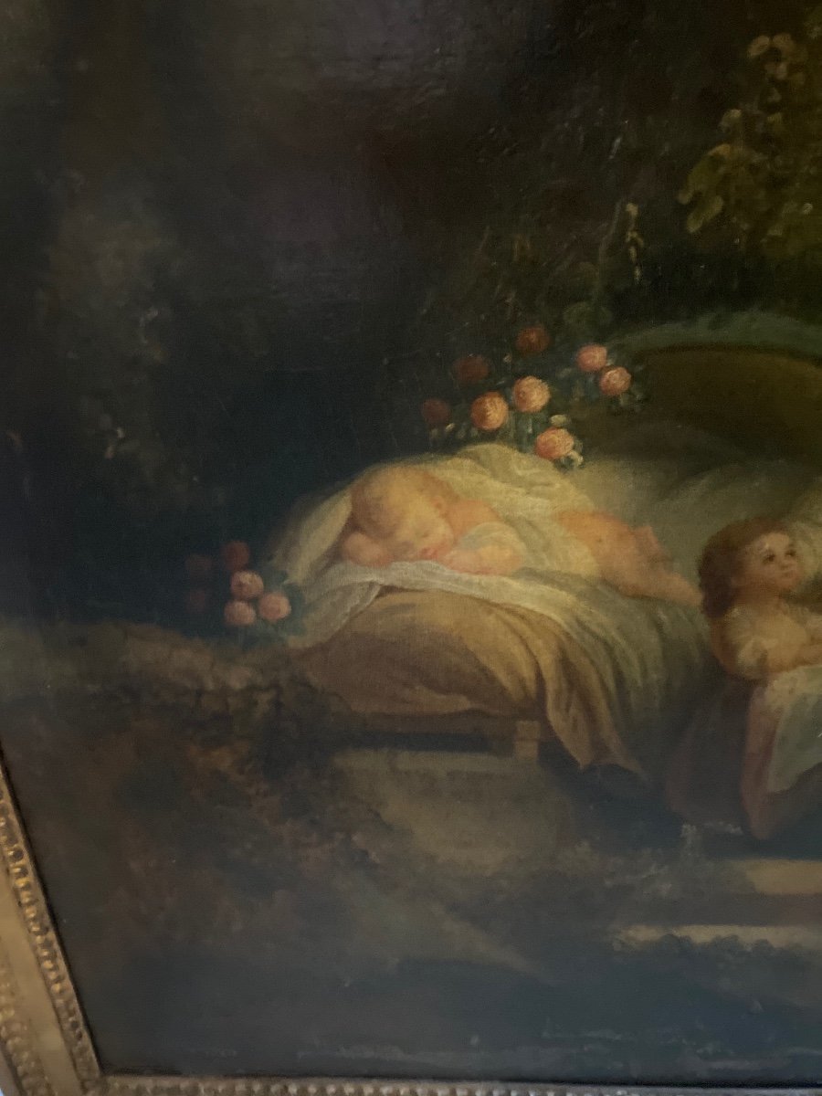 Superbe Huile Sur Toile XVIIIème Encadrée Haut De Porte Ou Trumeau " La Bonne Mère", Fragonard -photo-4