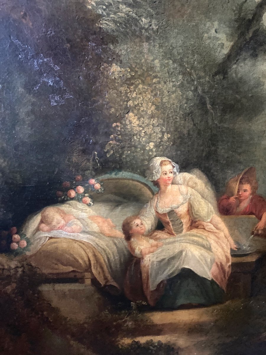 Superbe Huile Sur Toile XVIIIème Encadrée Haut De Porte Ou Trumeau " La Bonne Mère", Fragonard -photo-3