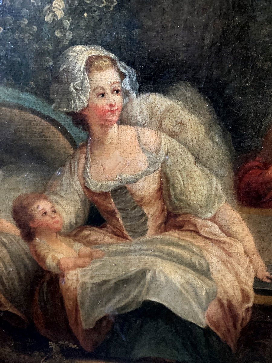 Superbe Huile Sur Toile XVIIIème Encadrée Haut De Porte Ou Trumeau " La Bonne Mère", Fragonard -photo-2