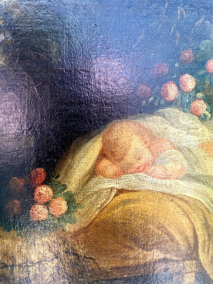 Superbe Huile Sur Toile XVIIIème Encadrée Haut De Porte Ou Trumeau " La Bonne Mère", Fragonard -photo-3