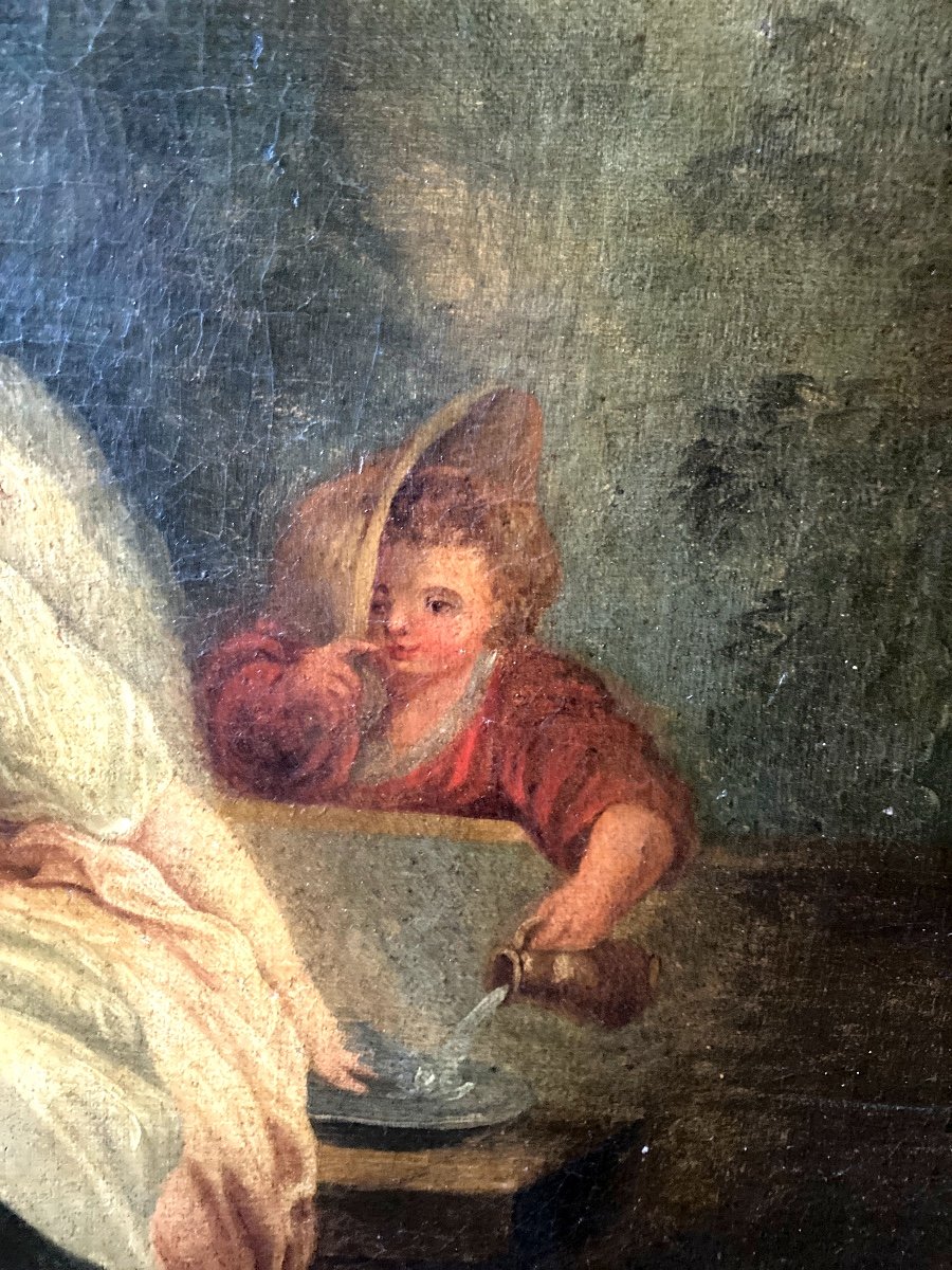 Superbe Huile Sur Toile XVIIIème Encadrée Haut De Porte Ou Trumeau " La Bonne Mère", Fragonard -photo-2