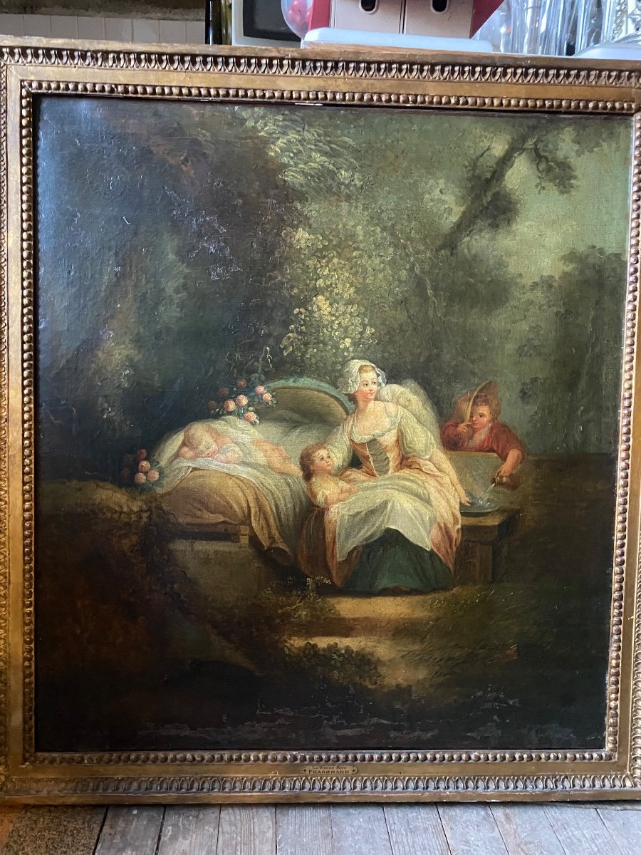 Superbe Huile Sur Toile XVIIIème Encadrée Haut De Porte Ou Trumeau " La Bonne Mère", Fragonard 