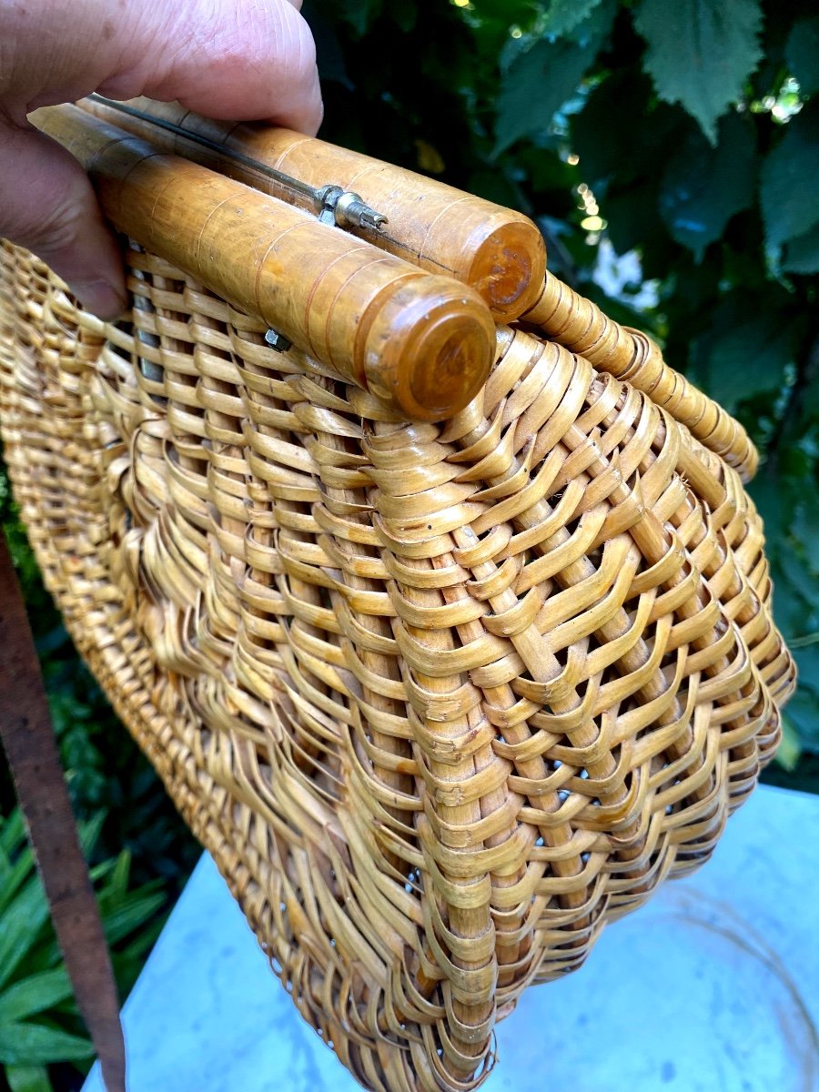 Preserved From Time This Beautiful Fisherman's Bag In Woven Rattan And Turned Wood From The 1930s-photo-4