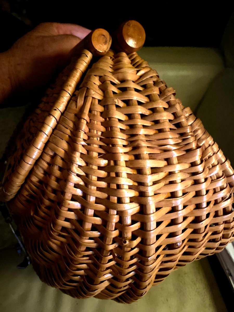 Preserved From Time This Beautiful Fisherman's Bag In Woven Rattan And Turned Wood From The 1930s-photo-7