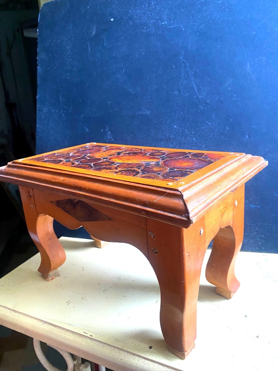  Beautiful Blond Walnut Footstool With Grenoble End Grain Wood Inlay Late 18th Century Axe-photo-4