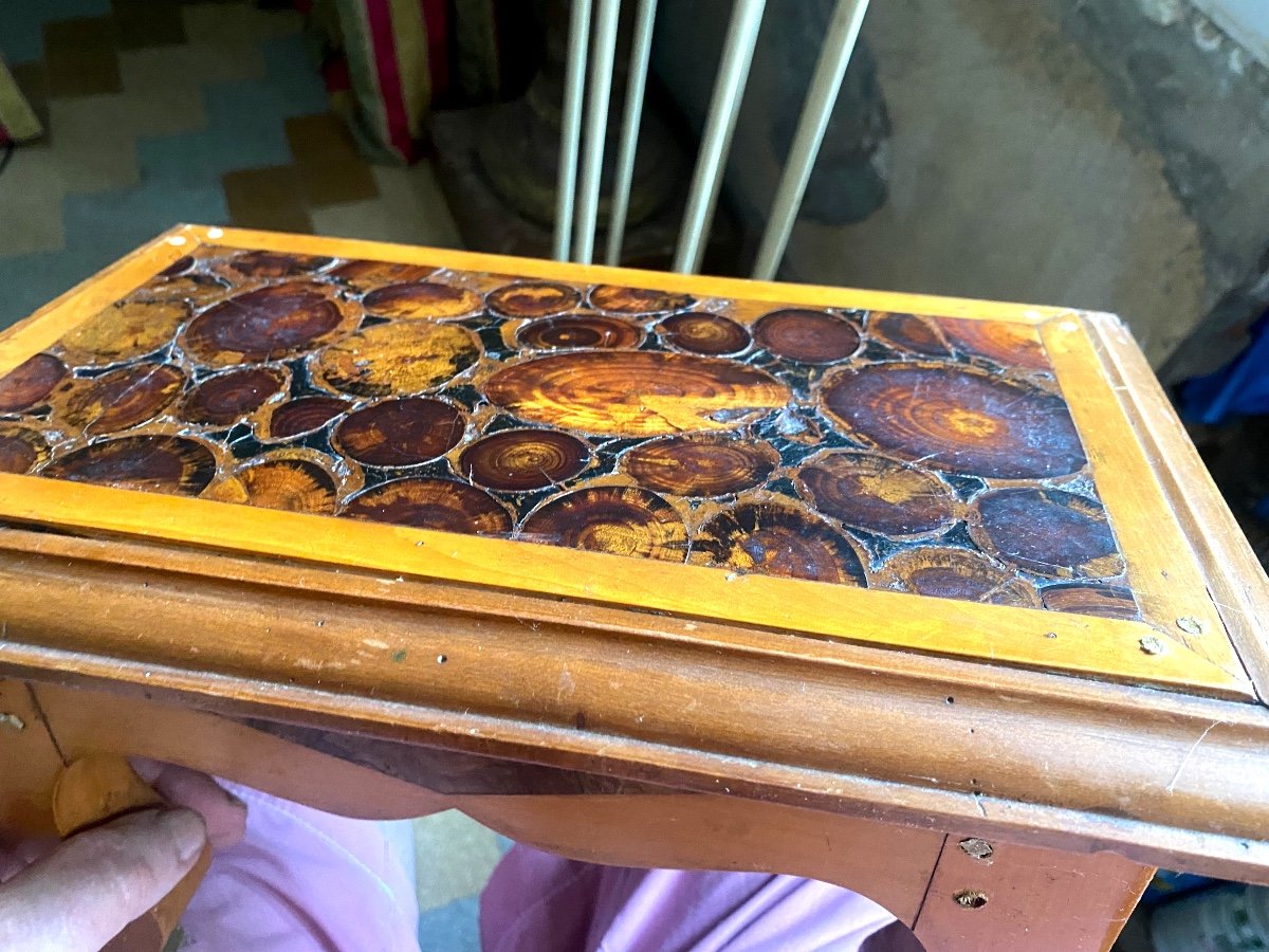  Beautiful Blond Walnut Footstool With Grenoble End Grain Wood Inlay Late 18th Century Axe-photo-3