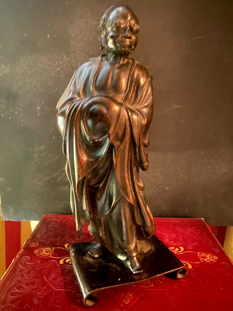 Rare Bronze Chinois ,début XVIIIème, Représentant Debout Le Bodhidharma Dans Son Habit De Moine-photo-6