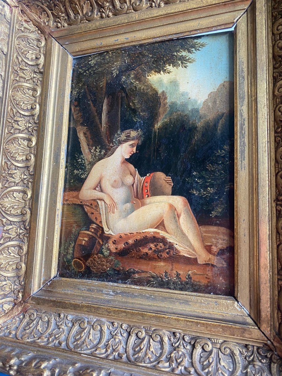 Beau Tableau De J.p. Renouvière "femme Nue à l'Antique Au Tambourin" Huile Sur Bois Encadrée 19-photo-1