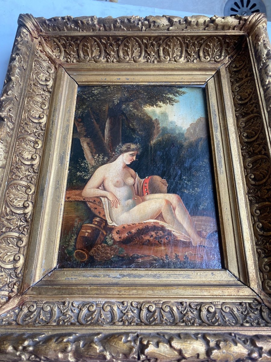 Beau Tableau De J.p. Renouvière "femme Nue à l'Antique Au Tambourin" Huile Sur Bois Encadrée 19-photo-5