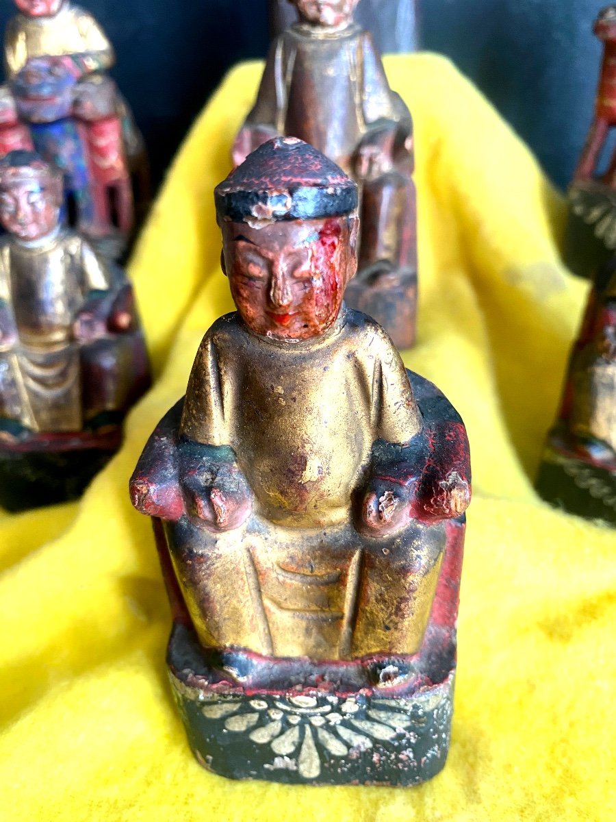 Rare And Beautiful Set Of Sages And Riders, 7 Pieces Carved Wood From A 19th Century Chinese Altar-photo-2