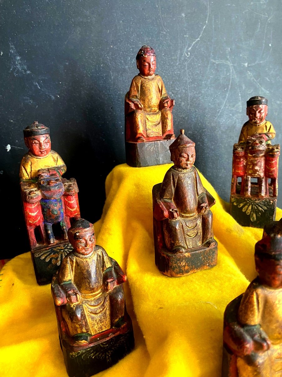 Rare And Beautiful Set Of Sages And Riders, 7 Pieces Carved Wood From A 19th Century Chinese Altar-photo-4