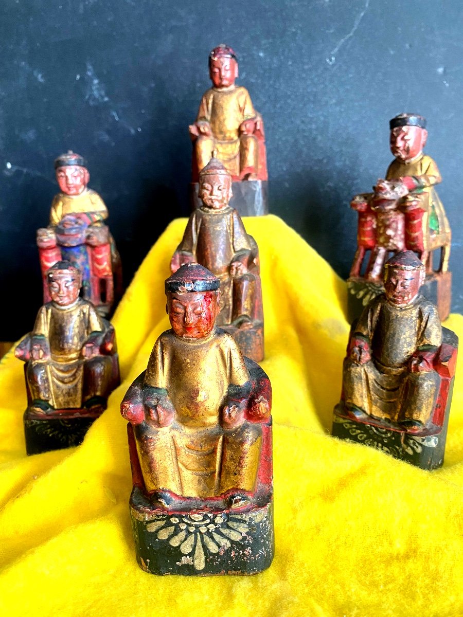 Rare And Beautiful Set Of Sages And Riders, 7 Pieces Carved Wood From A 19th Century Chinese Altar