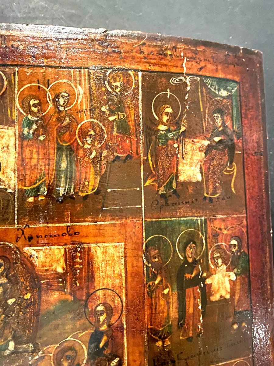 Rare And Fine 18th Century Greek Icon Captioned And Argued With Multiple Scenes, Barretted-photo-3