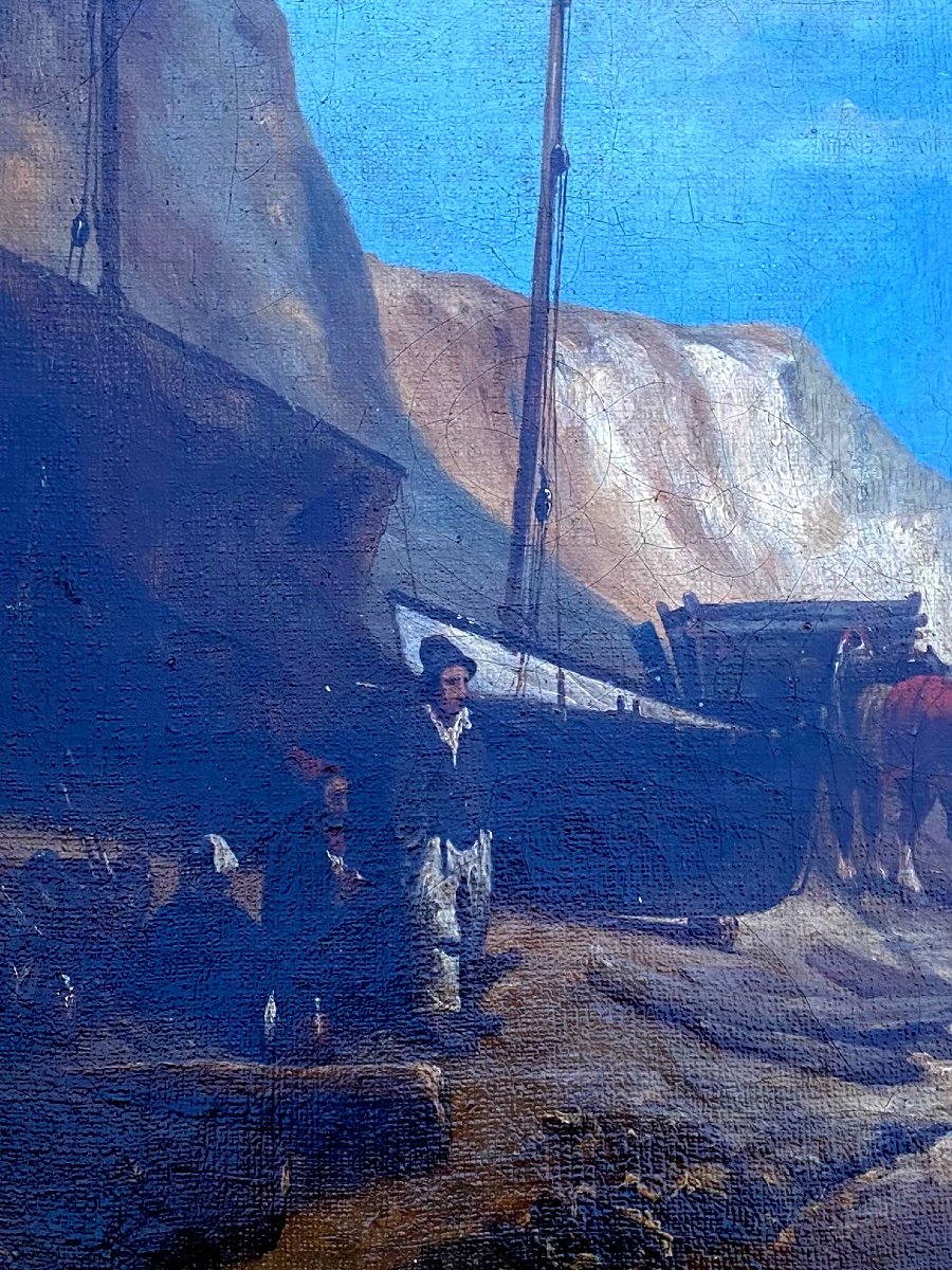 Beautiful Framed Oil On Canvas The Return Of The Fishermen Animated In The Pays De Caux Signed And Dated -photo-4