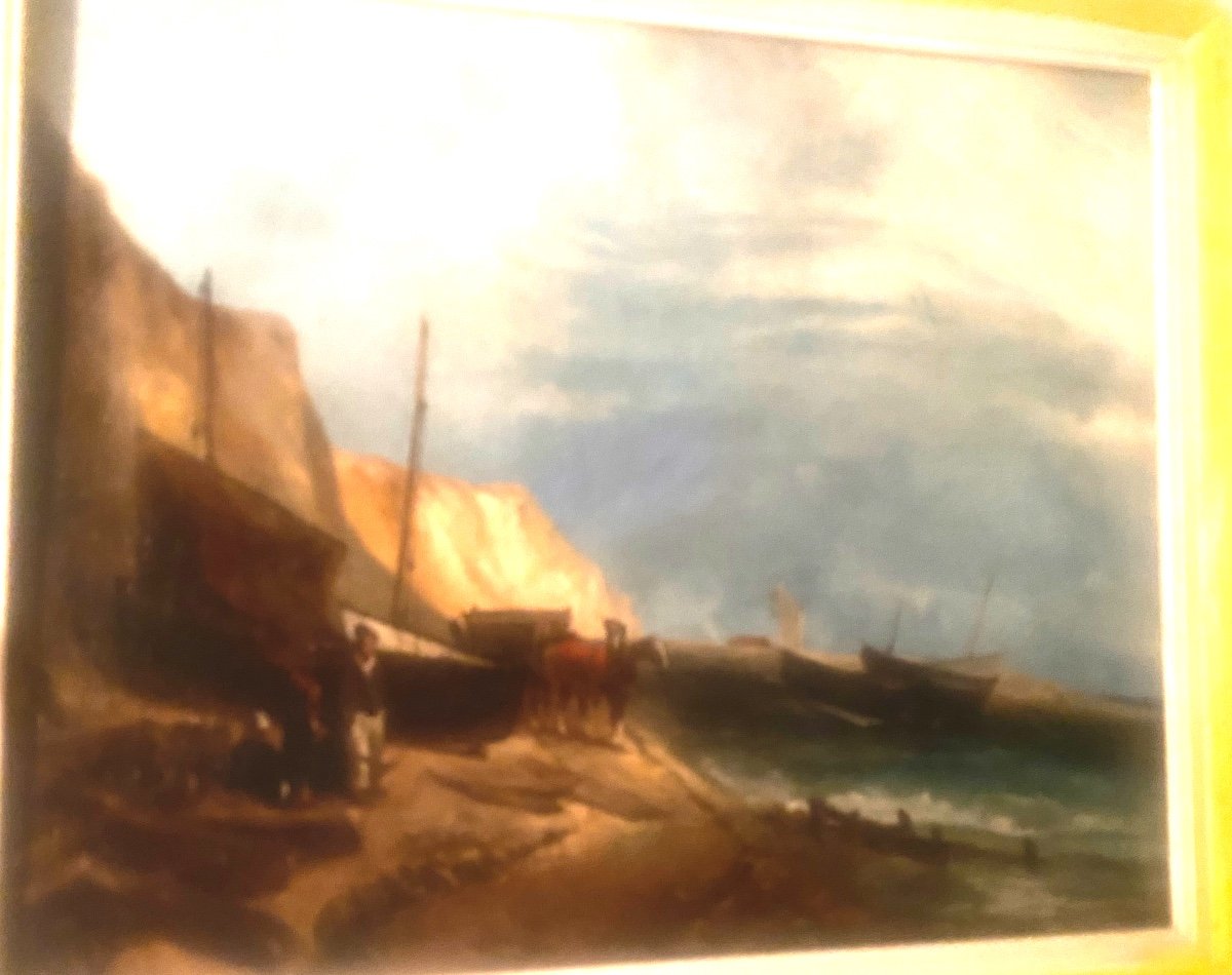 Beautiful Framed Oil On Canvas The Return Of The Fishermen Animated In The Pays De Caux Signed And Dated -photo-1