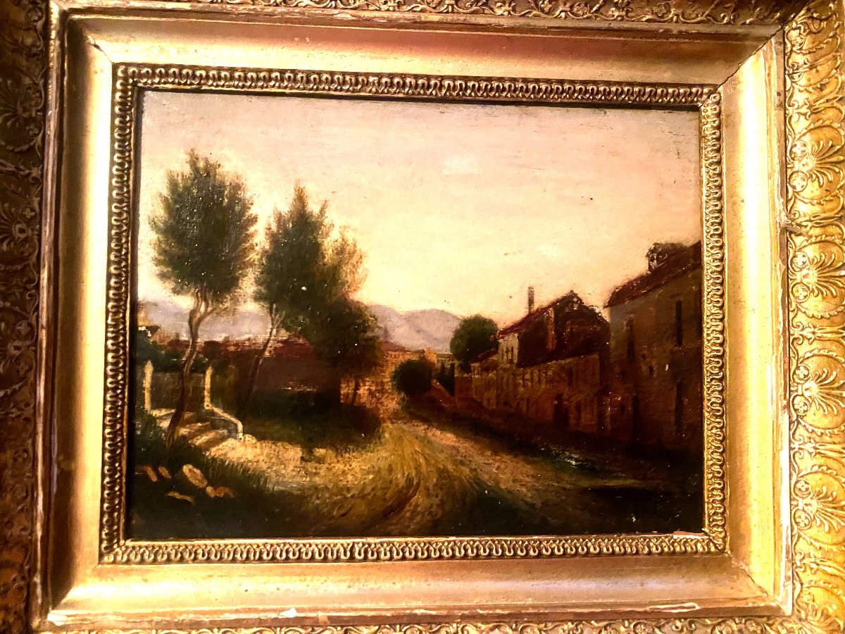 Landscape Painting Early 19th Century, Beautiful Period Frame, "village Street" Oil/wood-photo-1