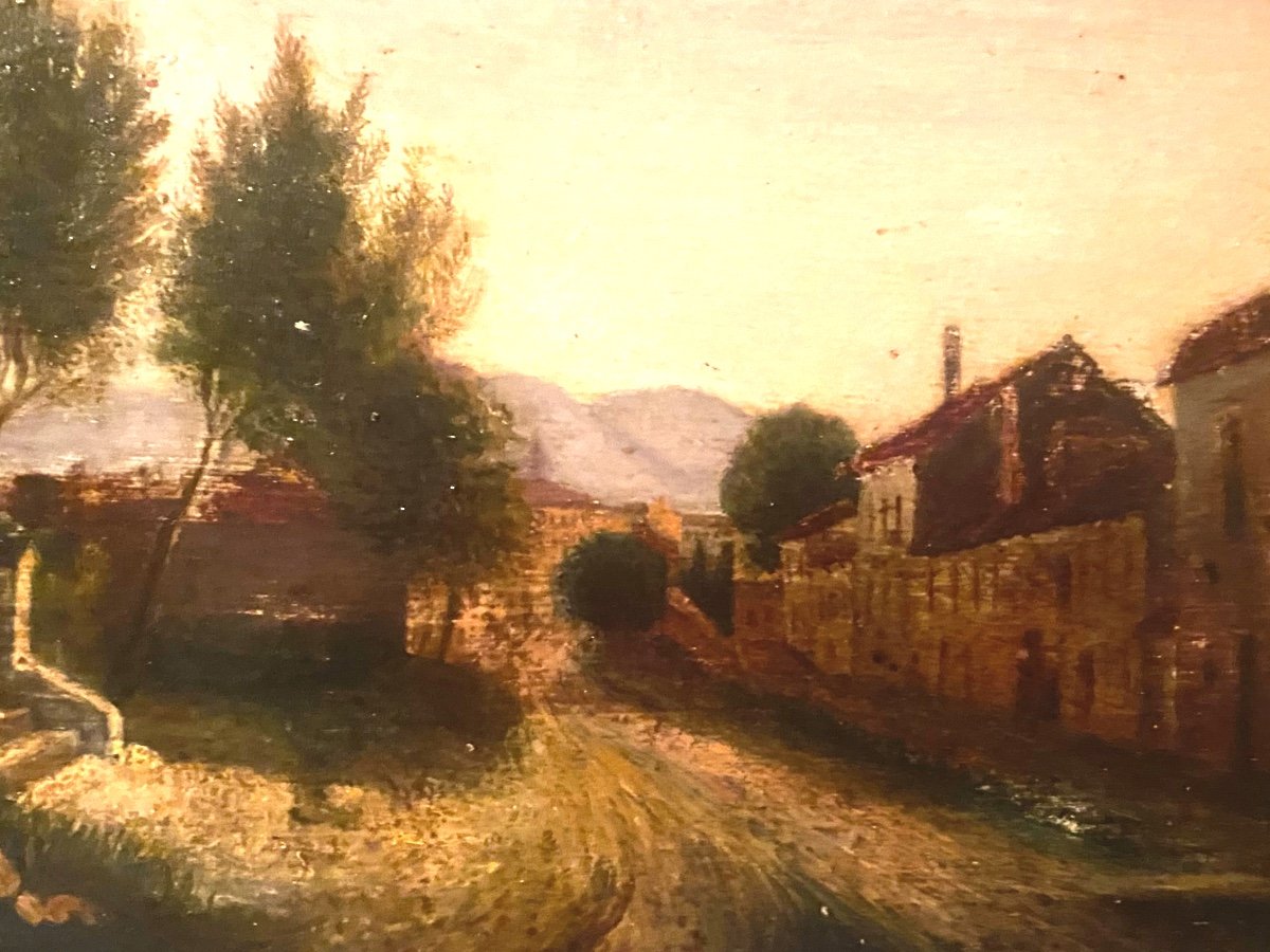 Landscape Painting Early 19th Century, Beautiful Period Frame, "village Street" Oil/wood-photo-5