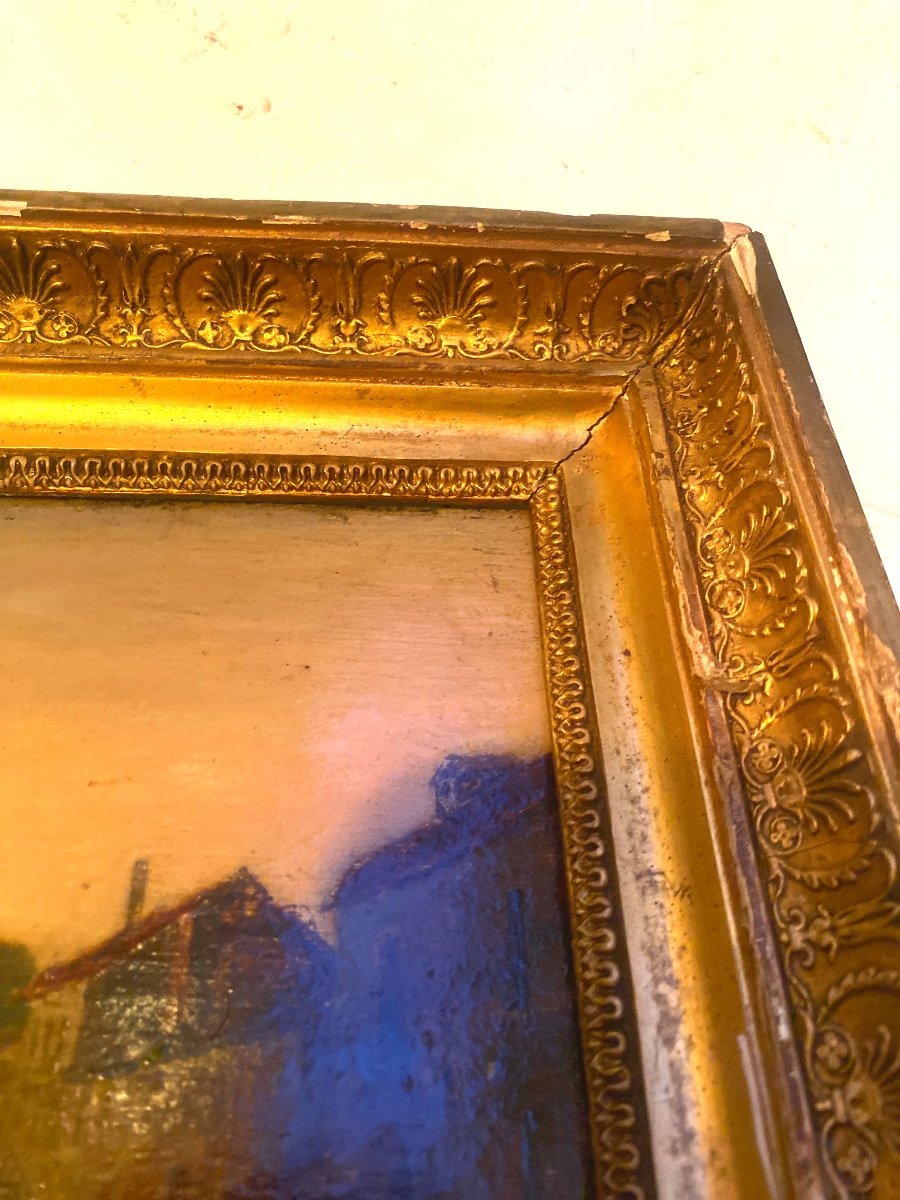 Landscape Painting Early 19th Century, Beautiful Period Frame, "village Street" Oil/wood-photo-6