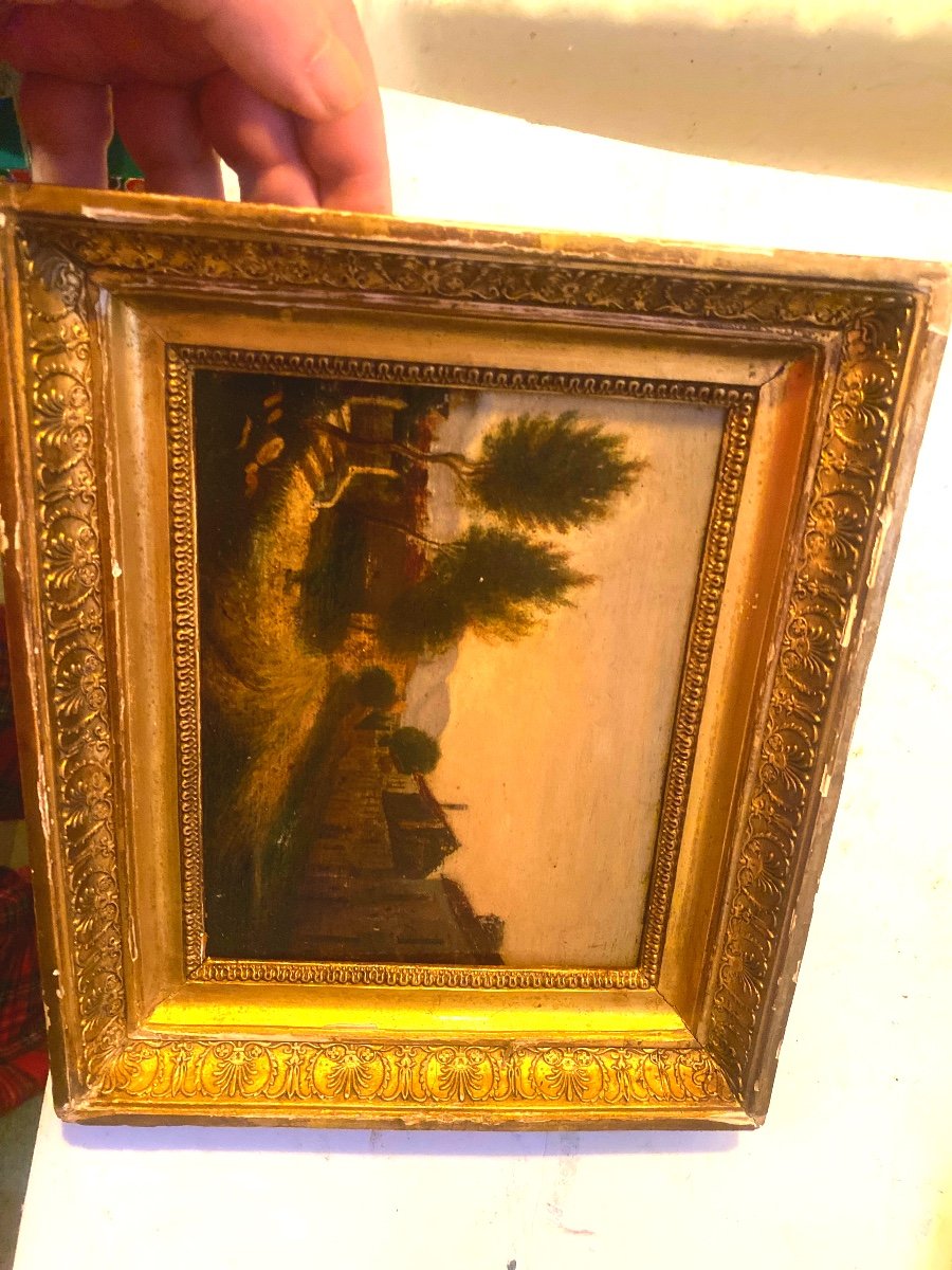 Landscape Painting Early 19th Century, Beautiful Period Frame, "village Street" Oil/wood-photo-8