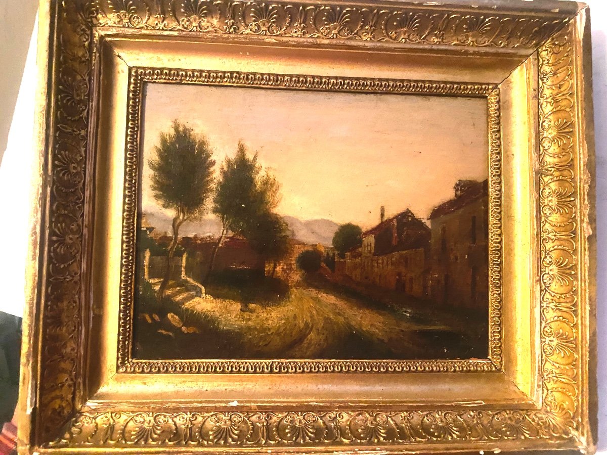 Landscape Painting Early 19th Century, Beautiful Period Frame, "village Street" Oil/wood