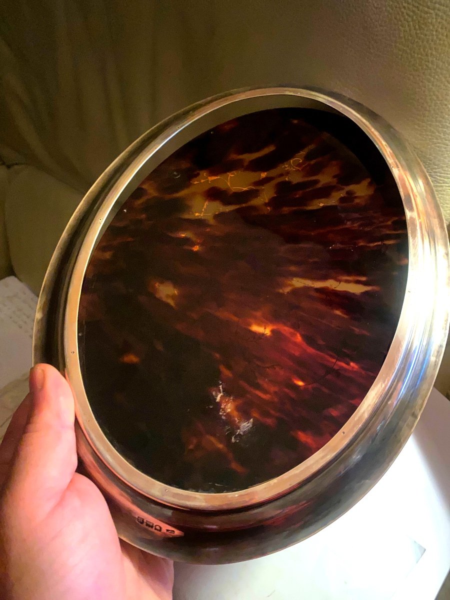 Precious Sterling Silver Tray, Tortoiseshell Center Inlaid By Mappin & Webb-photo-3