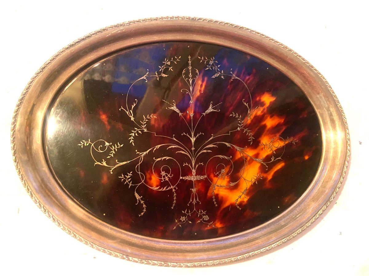 Precious Sterling Silver Tray, Tortoiseshell Center Inlaid By Mappin & Webb