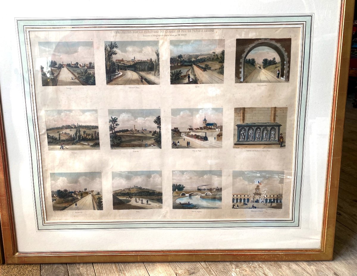 Two Large Framed Lithographs By Ch. Hugot "views Of The Railway From Paris To Amiens"-photo-3