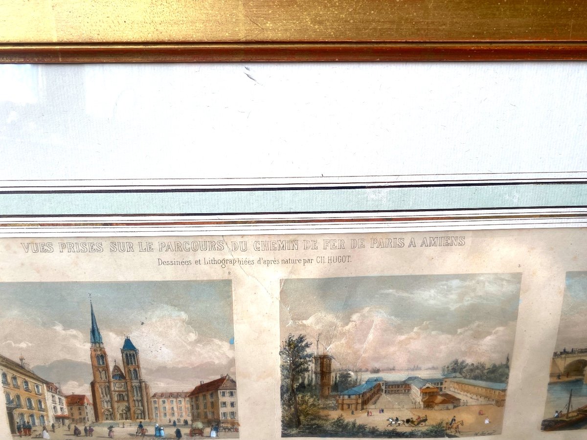 Two Large Framed Lithographs By Ch. Hugot "views Of The Railway From Paris To Amiens"-photo-3